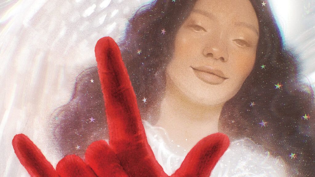 An artist's rendering of an angel with a red glove; Illustration by Victoria Borges