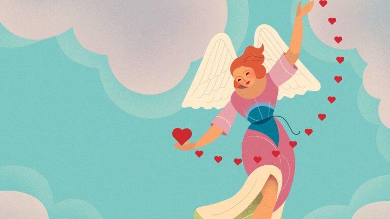 An artist's rendering of an angel holding hearts; Illustration by Orlando Hoetzel