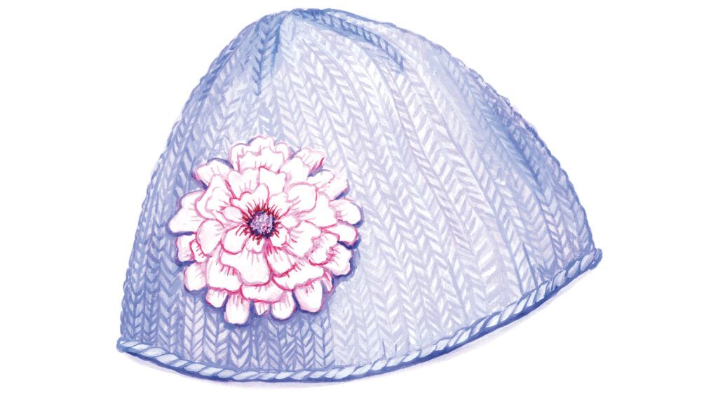 A lavender knitted hat with a large flower; Illustration by Jessica Allen