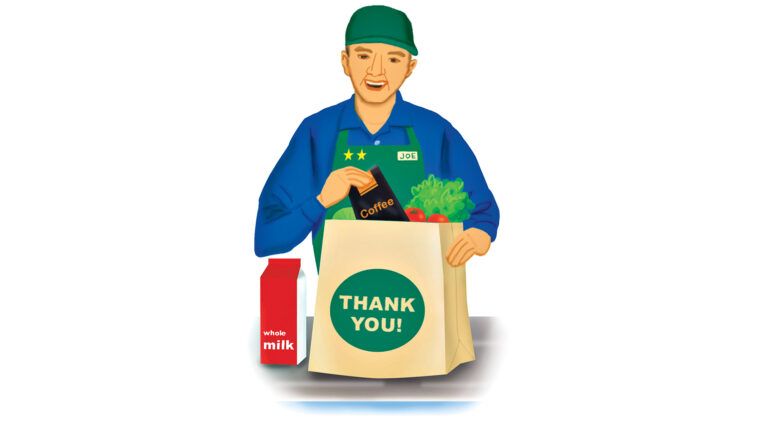 A grocery worker bagging items; Illustration by Coco Masuda