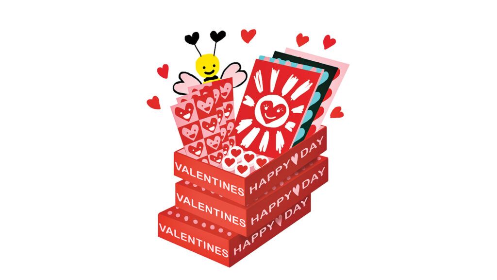 A stack of Valentine's Day card boxes; Illustration by Coco Masuda