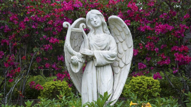 Angel statue in a garden during Lent