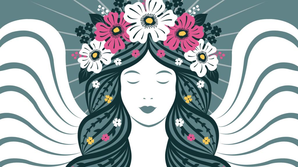 An angel with a flower crown; Illustration by Yulia Vysotskaya