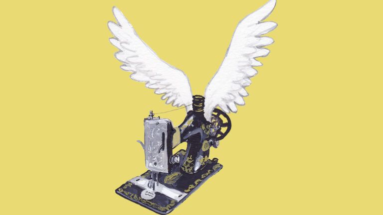 An artist's rendering of a vintage sewing machine with wings; Illustration by Dan Bransfield