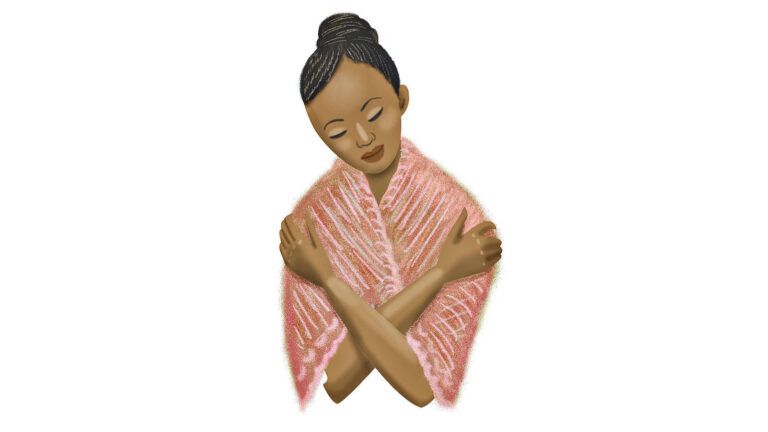 A woman finding comfort in a Serenity Shawl; Illustration by Coco Masuda
