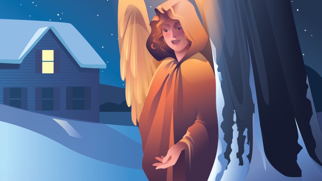 A snow angel appears next to a girl on a sled; Illustration by Kim Johnson