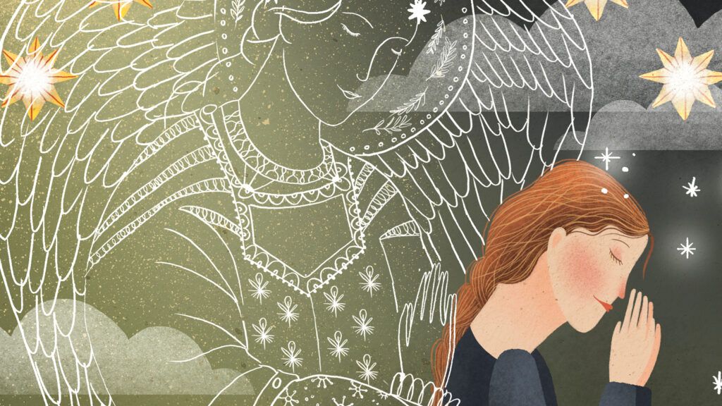 A woman praying as a angel hovers behind her; Illustration by Amalia Restrepo