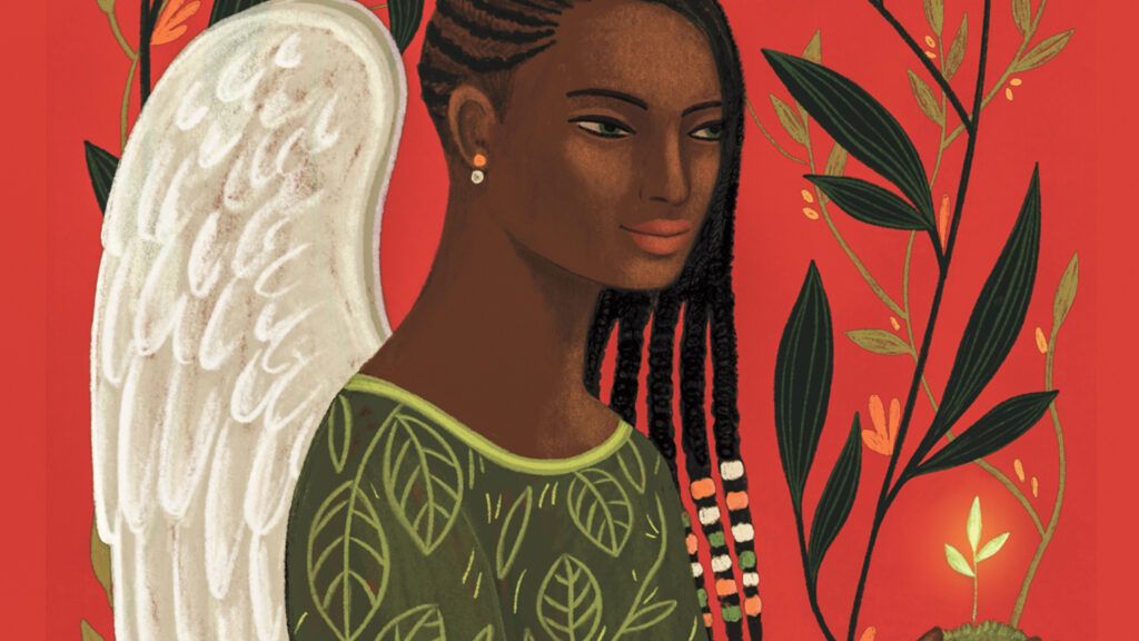 An angel holding a small sprout; Illustration by Carmen Garcia