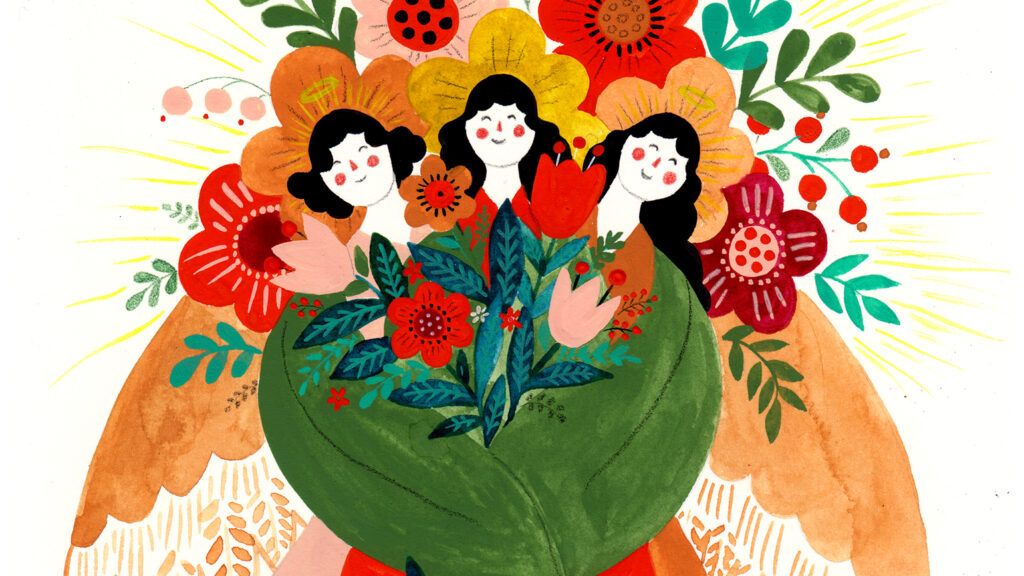 A trio of angels holding a large bouquet; Illustration by Dinara Mirtalipova