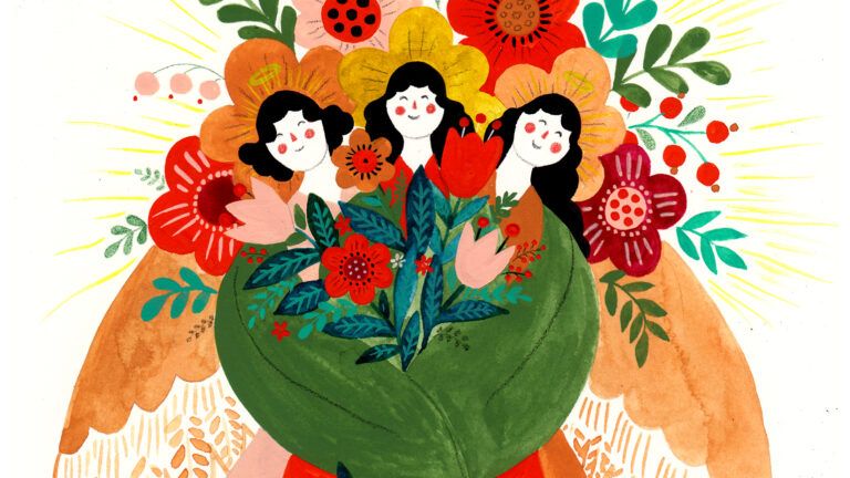 A trio of angels holding a large bouquet; Illustration by Dinara Mirtalipova