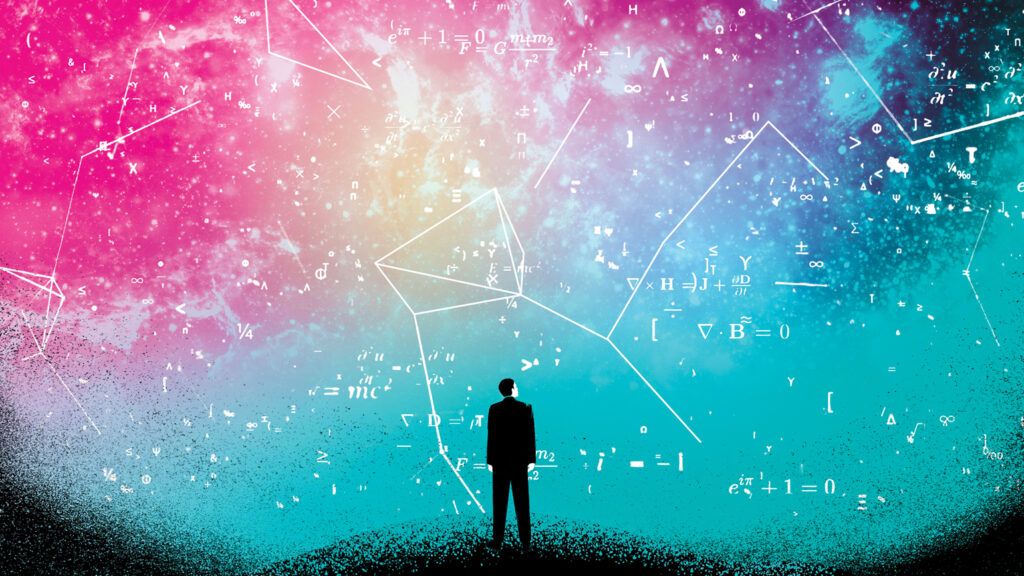 An illustration of a man looking up at a colorful sky with mathematical constellations.