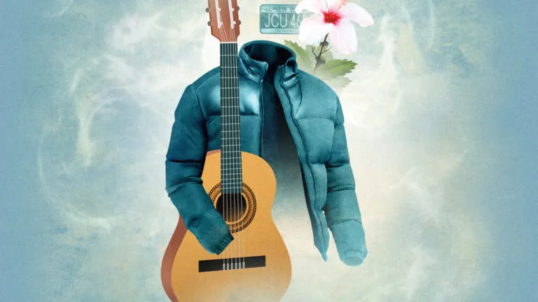 An illustration of a jack, guitar, hibiscus flower, and license plate; Illustration by Stuart Briers