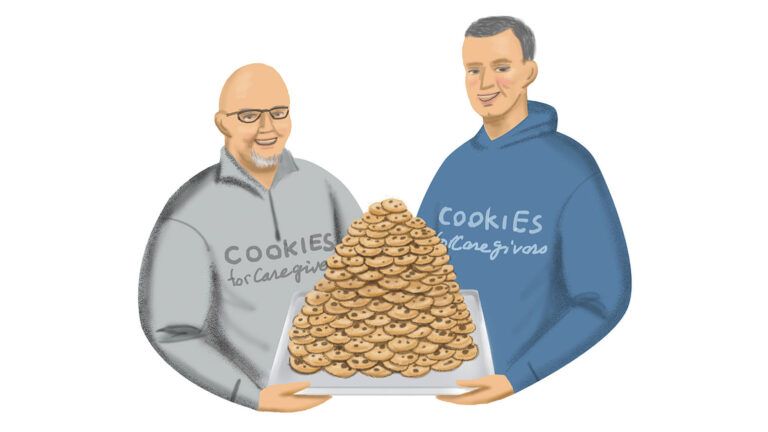 An illustration of two frontline workers holding a tray of cookies; Illustration by Coco Masuda
