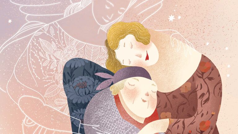 An illsutration of an angels embracing a mother and daughter; Illustration by Amalia Restrepo
