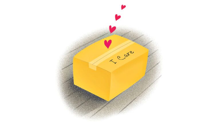 An illustration of a box that reads Care on top; Illustration by Coco Masuda