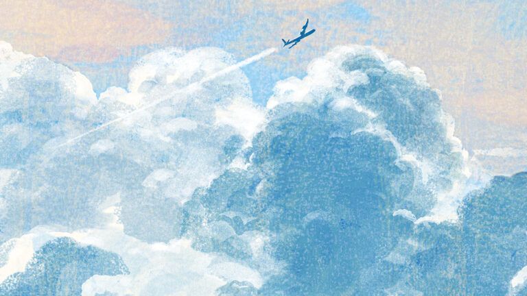 An illustration of a single airplane flying through the clouds; Illustration by Tatsuro Kiuchi