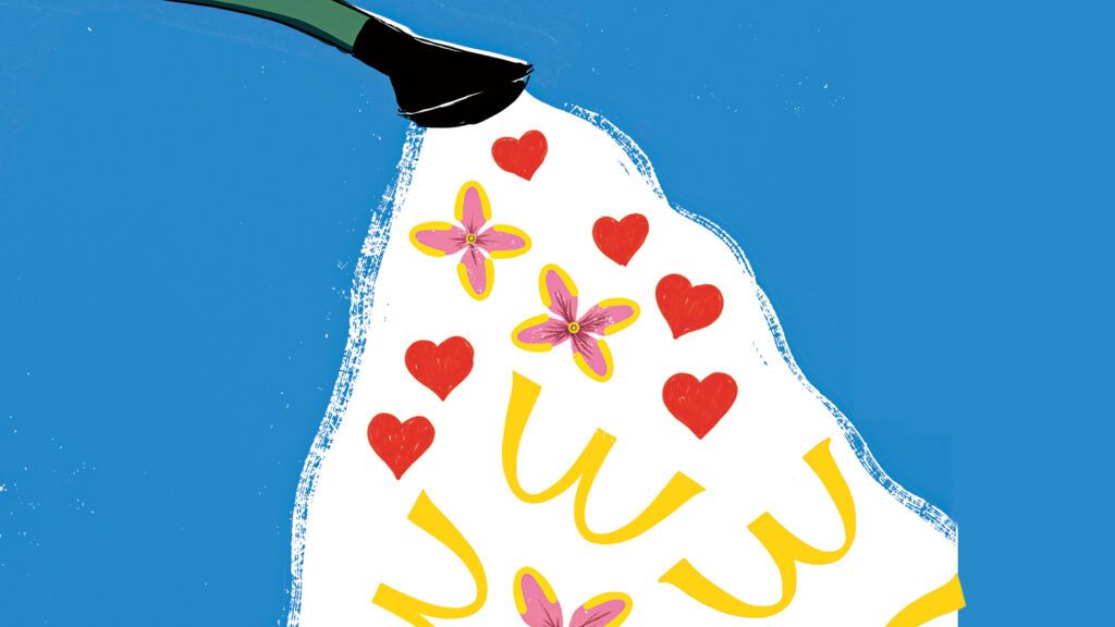 A watering can pouring out symbols of love, and the McDonalds logo; Illustration by Sonia Pulido
