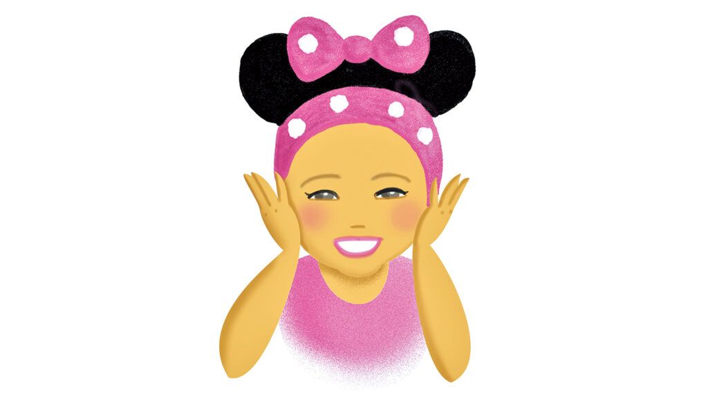 An illustration of a happy girl wearing mouse ears; Illustration by Coco Masuda