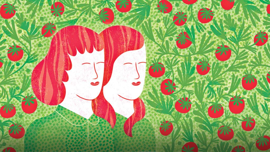 Artist James O'Briens' rendering of a mother and daughter in a tomato patch