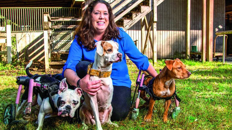 Sasha Corbett with some of her handicapped rescue dogs: Rosalie, Tipsy and Lana