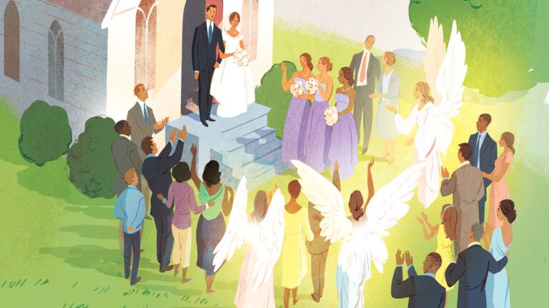An illustration of a wedding ceremony with two angels in the crowd; Illustration by Jamey Christoph