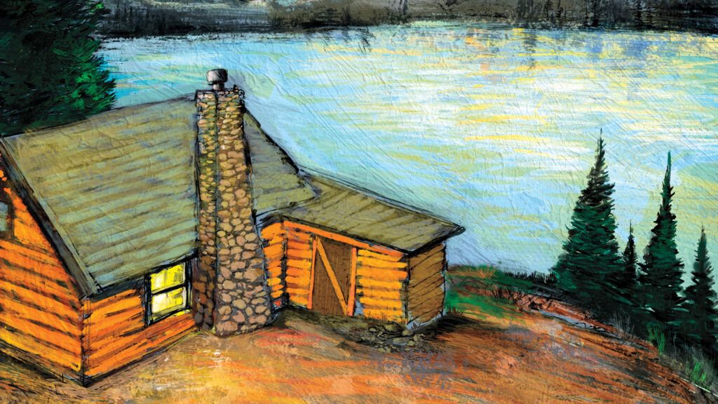 An illustration of a cabin by a lake; Illustration By Michael Paraskevasi