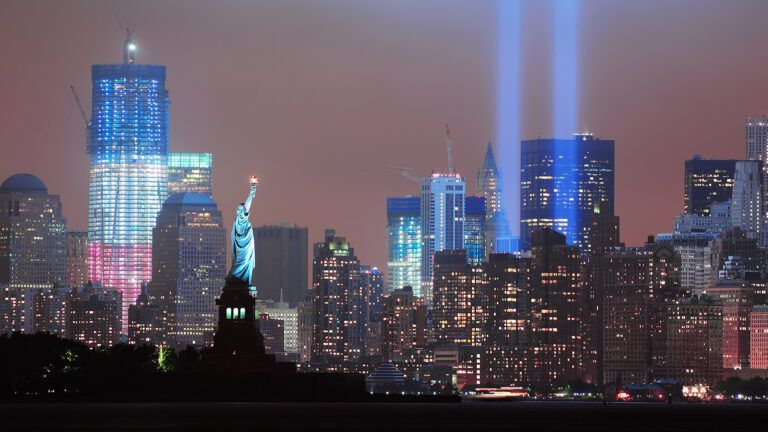 Twin light beams stream skyward in memory of those lost on 9/11