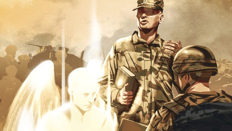Military men in conversation with a glowing angel in their midst; Illustration by Jonathan Bartlett