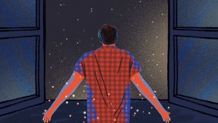 An illustration of a man in his pajamas observing a starry night; Illustration by Jesus Sotes