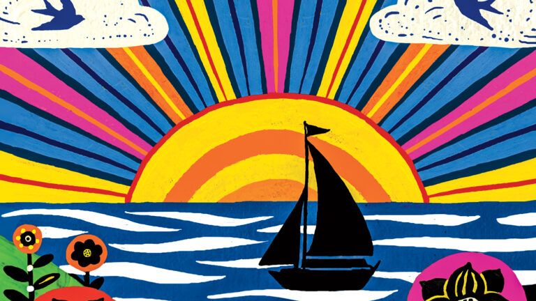 An illustration of a sailboat on the wter as the sun sets; Illustration by Gina Triplett