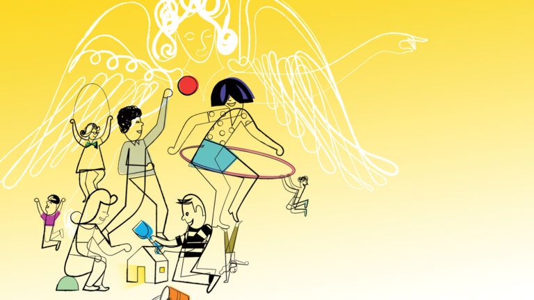 An illustration of children playing as an angel hovers over; Illustrations by Elvis Swift