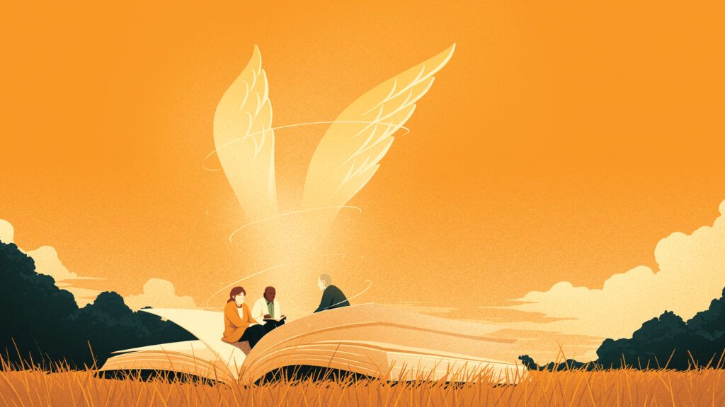 An illustration of three people conversing in a book with wings; Illustration by Eric Chow