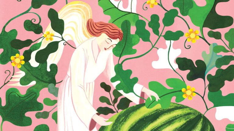 An illustration of an angel hovering over a watermelon; Illustration by Sarah Wilkins