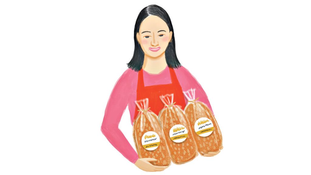 An illustration of a woman with three loaves of bread; Illustration by Coco Masuda