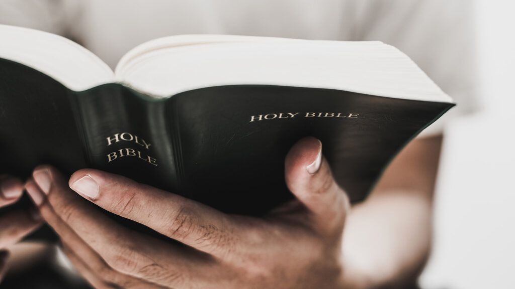 A man's hands holding an open Bible