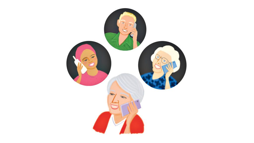 Four women making a telephone call; Illustration by Coco Masuda