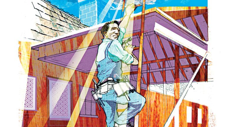 An illustration of a father climbing a ladder; Illustration by Alex Green