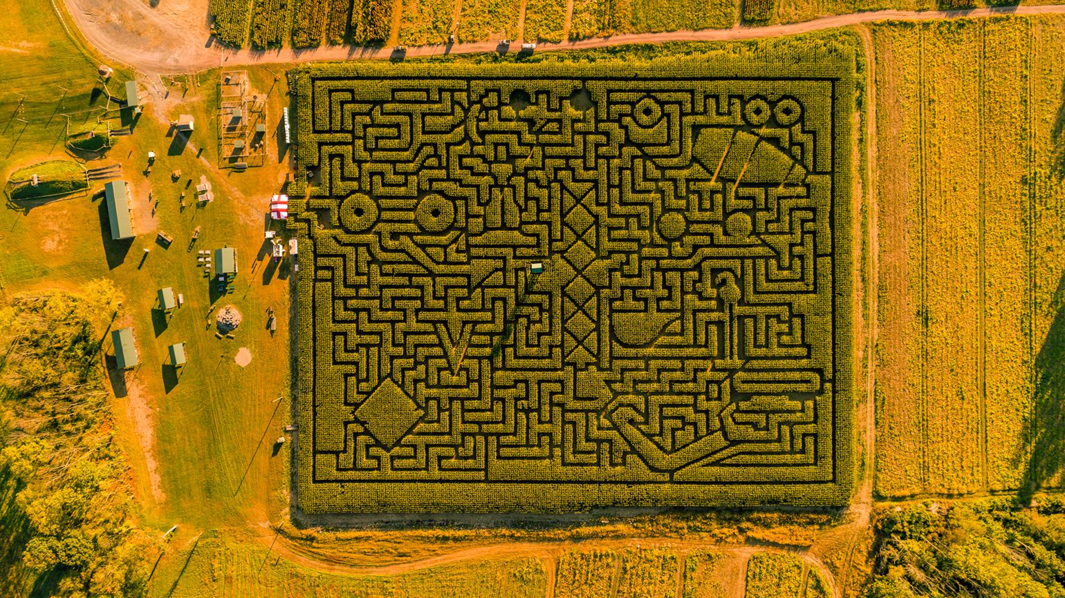 Aerial view of Halloween's Corn Maze in Pennsylvania, Poconos; Photo credit: Alex Potemkin