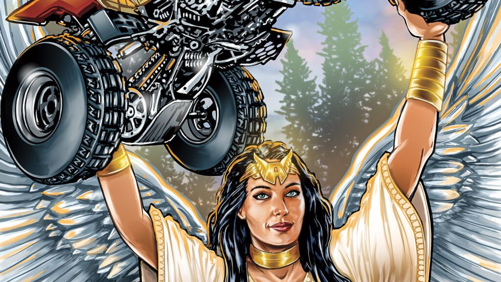 An angel holding a 4-wheeler above her head; Illustration by Kirk Manley