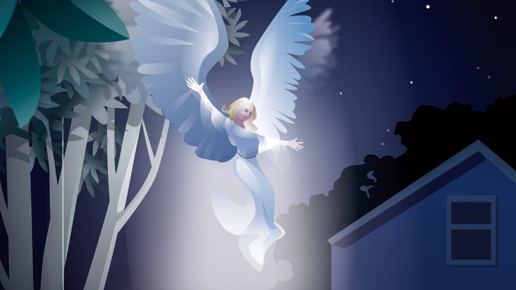 An angel descending into a backyard; Illustration by Kim Johnson