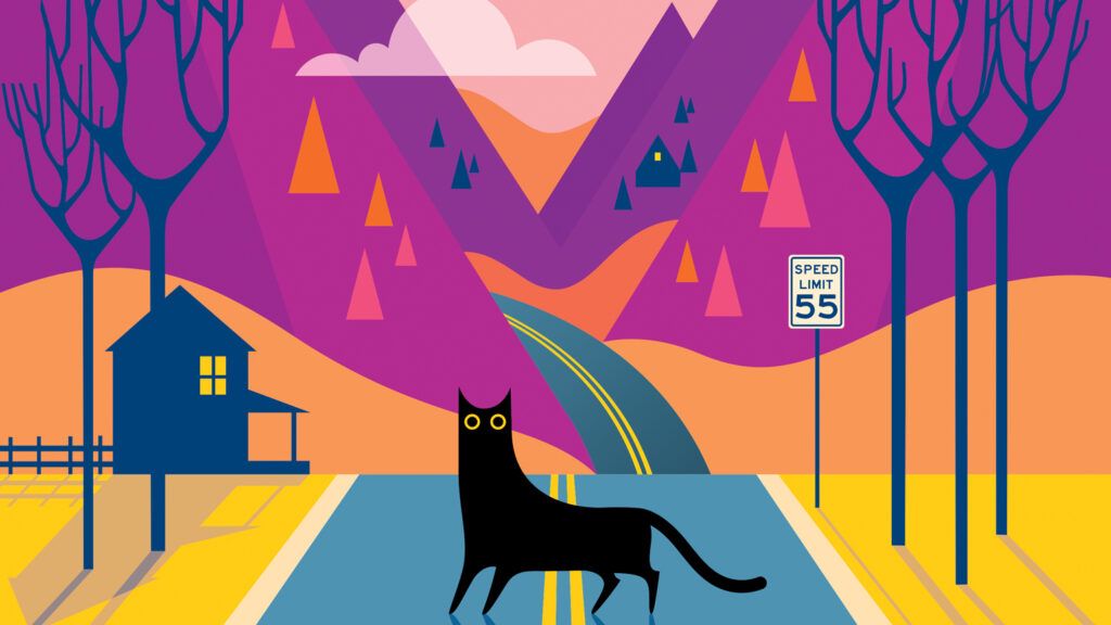 A black cat in the middle of the road; Illustration by Kirsten Ulve