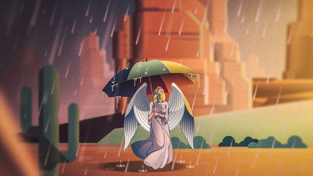 An angel holding an umbrella in a desert; Illustration by Robert Filip