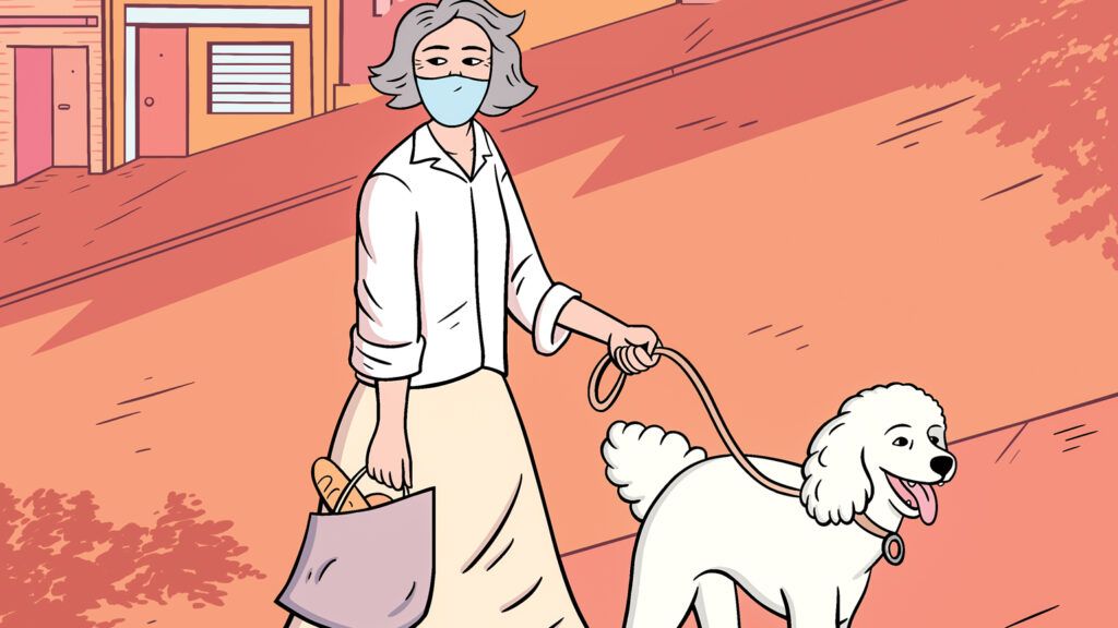A woman walking her dog; Illustration by Tanguy Jestin