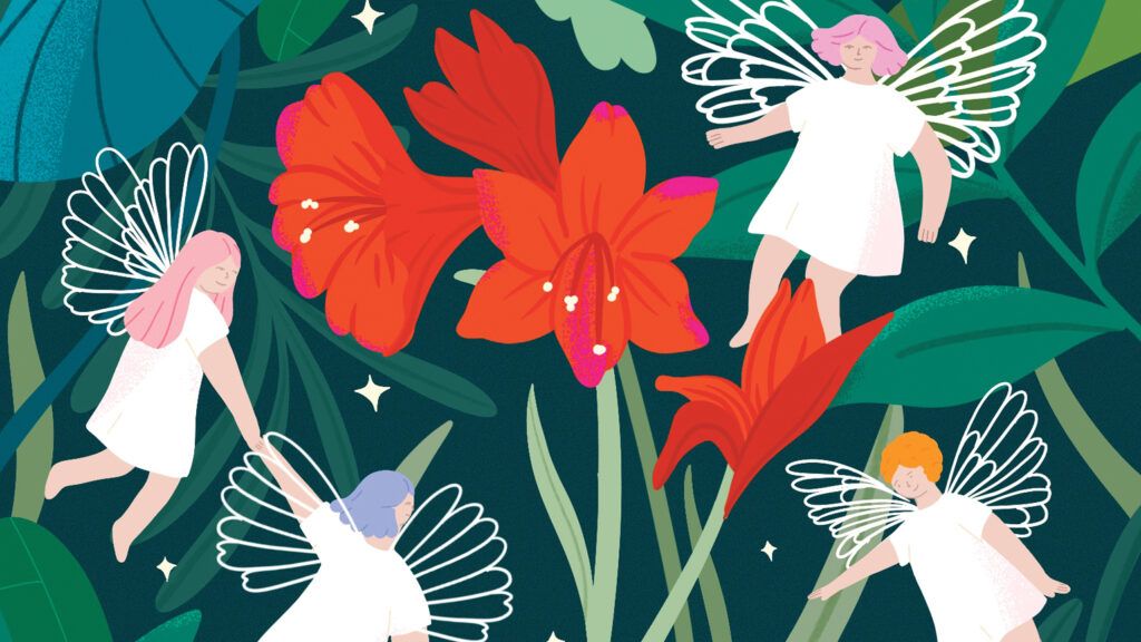 Four angels surrounding red flowers; Illustration by Lucila Perini