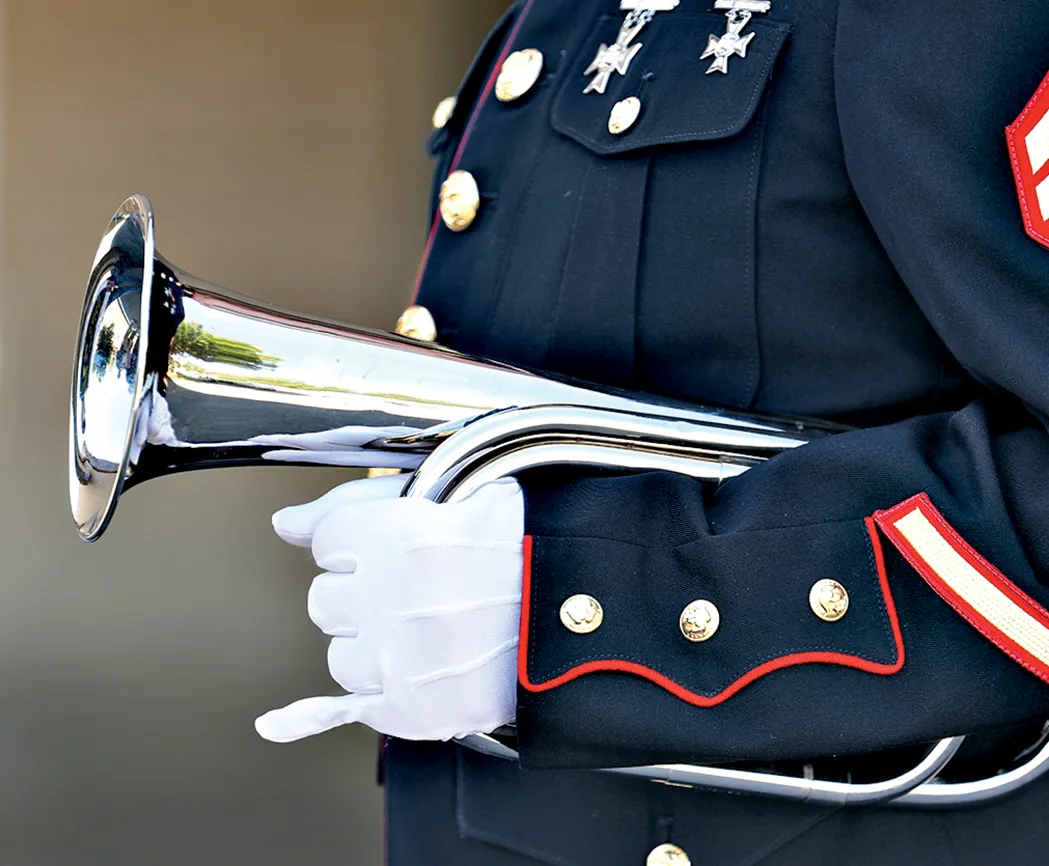 James LIndsay's bugle, tucked under his arm; photo by Karen Pulfer Focht