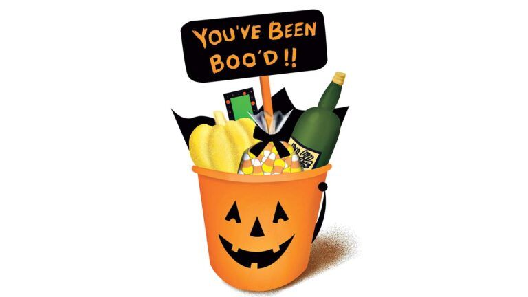 An illustration of a Halloween bucket filled with various goodies; Illustration by Coco Masuda