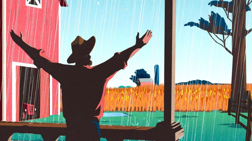 An illustration of a farmer celebrating rainfall; ILLUSTRATION BY GIORDANO POLONI