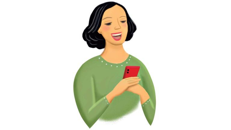 An illustration of a woman laughing at her cellphone; Illustration by Coco Masuda