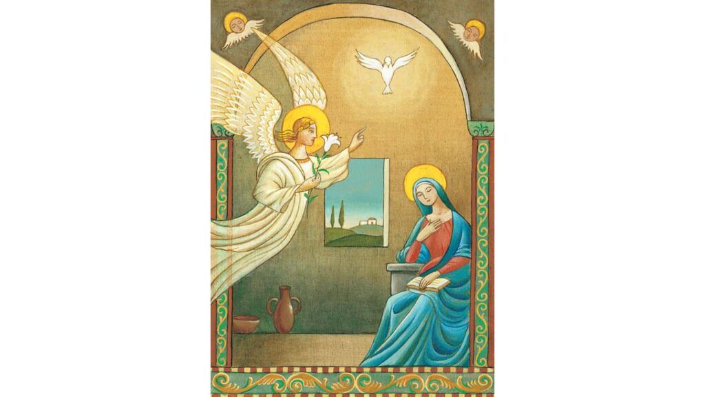 The angel Gabriel ascending to the virgin Mary; Illustration by Stefano Vitale