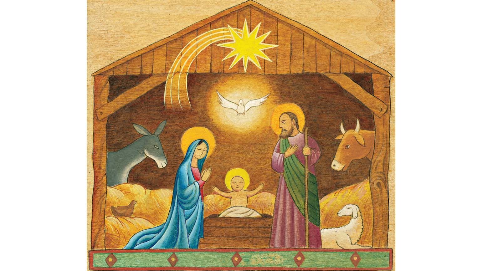 Mary, Joseph, and newborn Jesus with animals; Illustration by Stefano Vitale